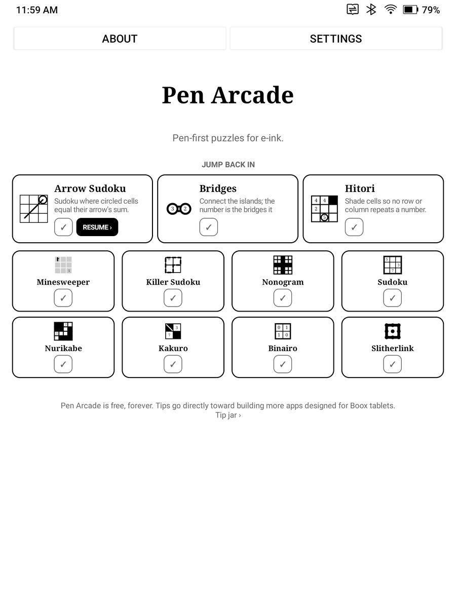 Pen Arcade home screen — the arcade shelf of puzzle types